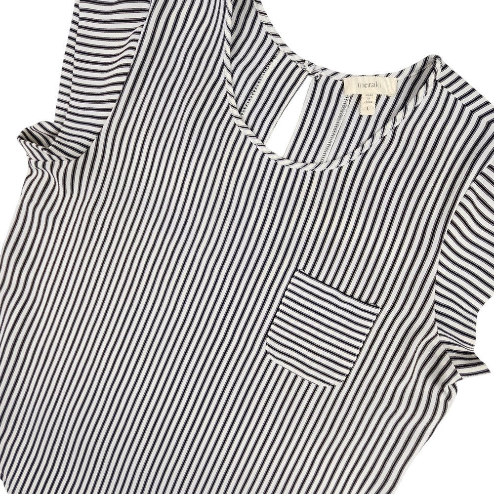 Meraki Top Women Large Black White Striped Cap Sleeve Pocket Blouse Office Prep